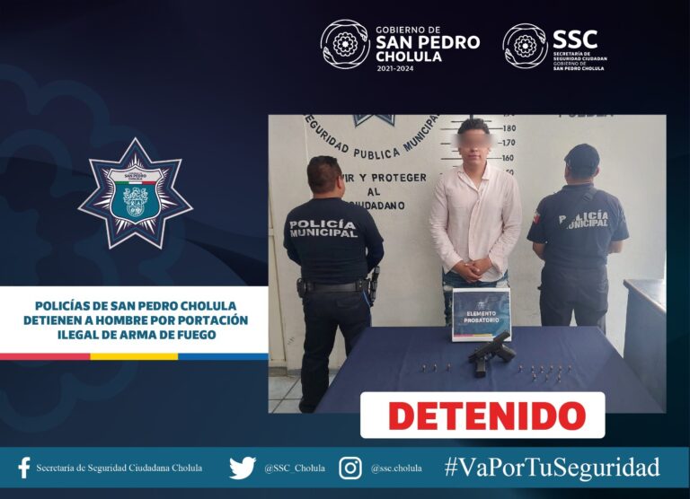 Policías de San Pedro Cholula detienen a hombre por portación ilegal de arma de fuego.