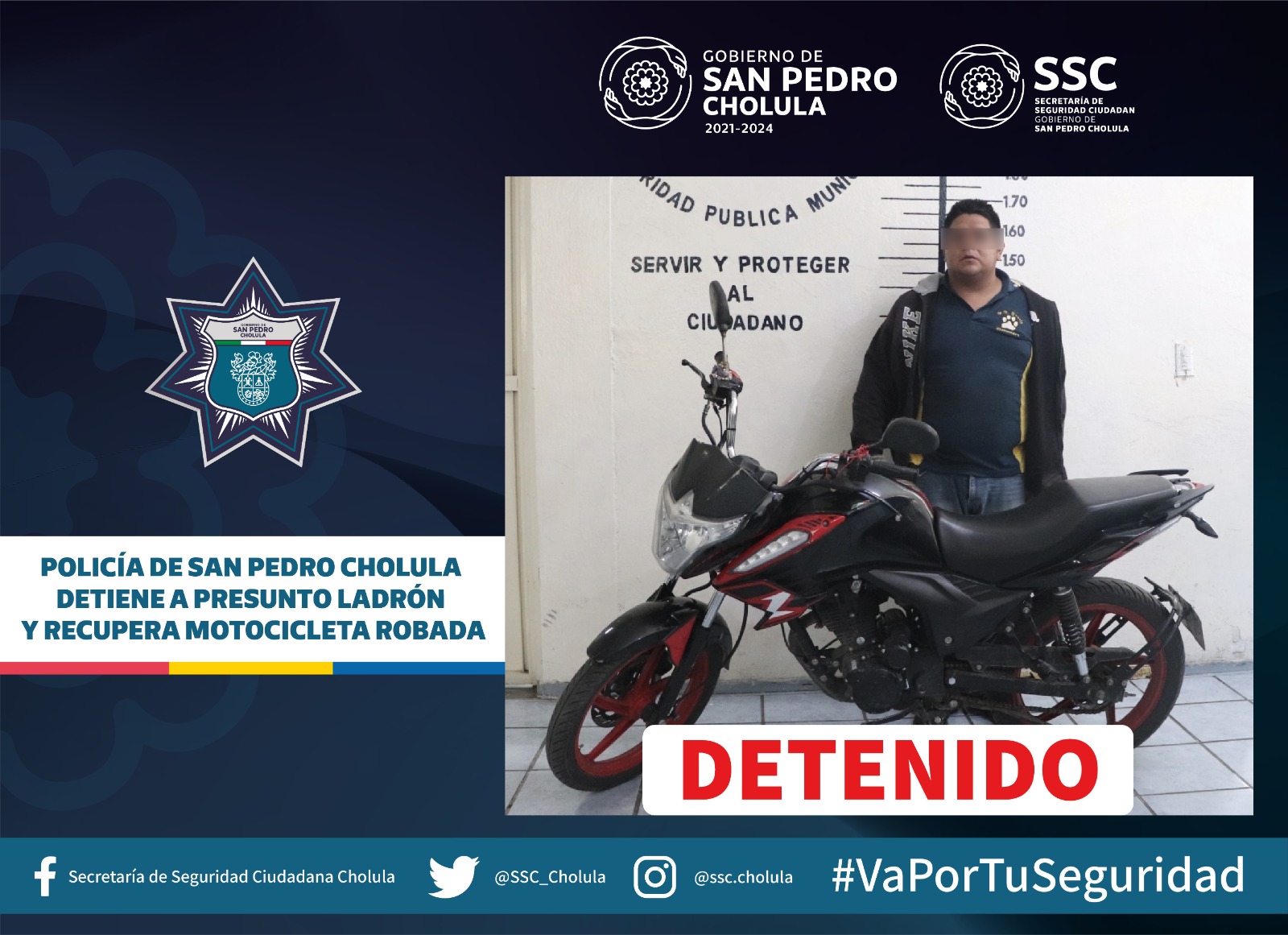 Policía de San Pedro Cholula detiene a presunto ladrón y recupera motocicleta robada.