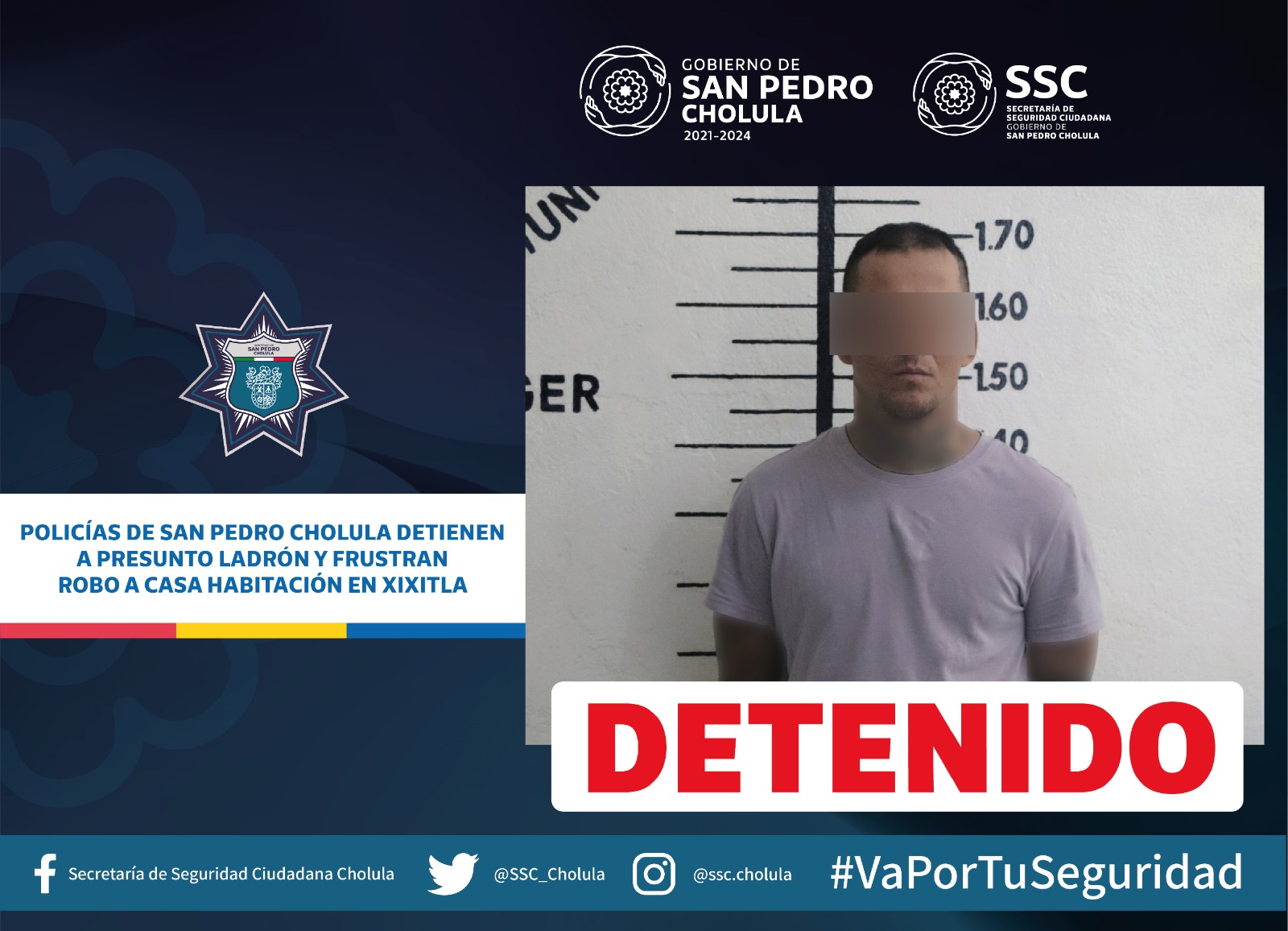 Policías de San Pedro Cholula detienen a presunto ladrón y frustran robo a casa habitación en Xixitla