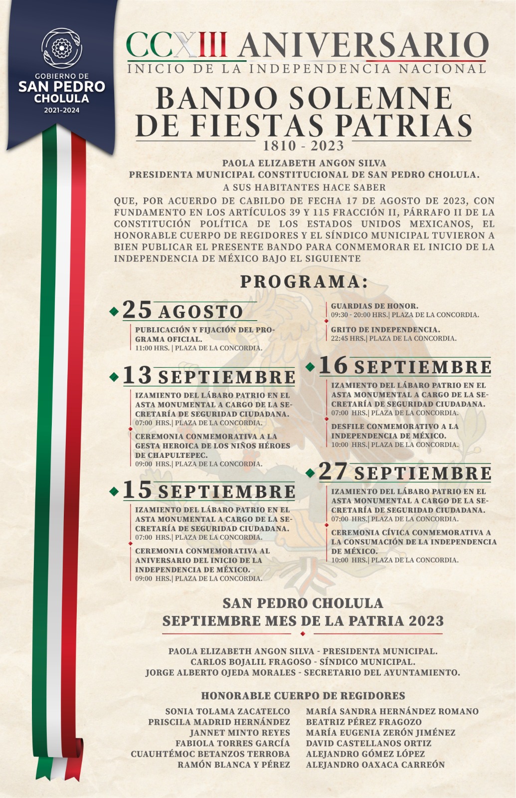Paola Angon da inicio a las fiestas patrias en San Pedro Cholula, con la colocación del bando solemne