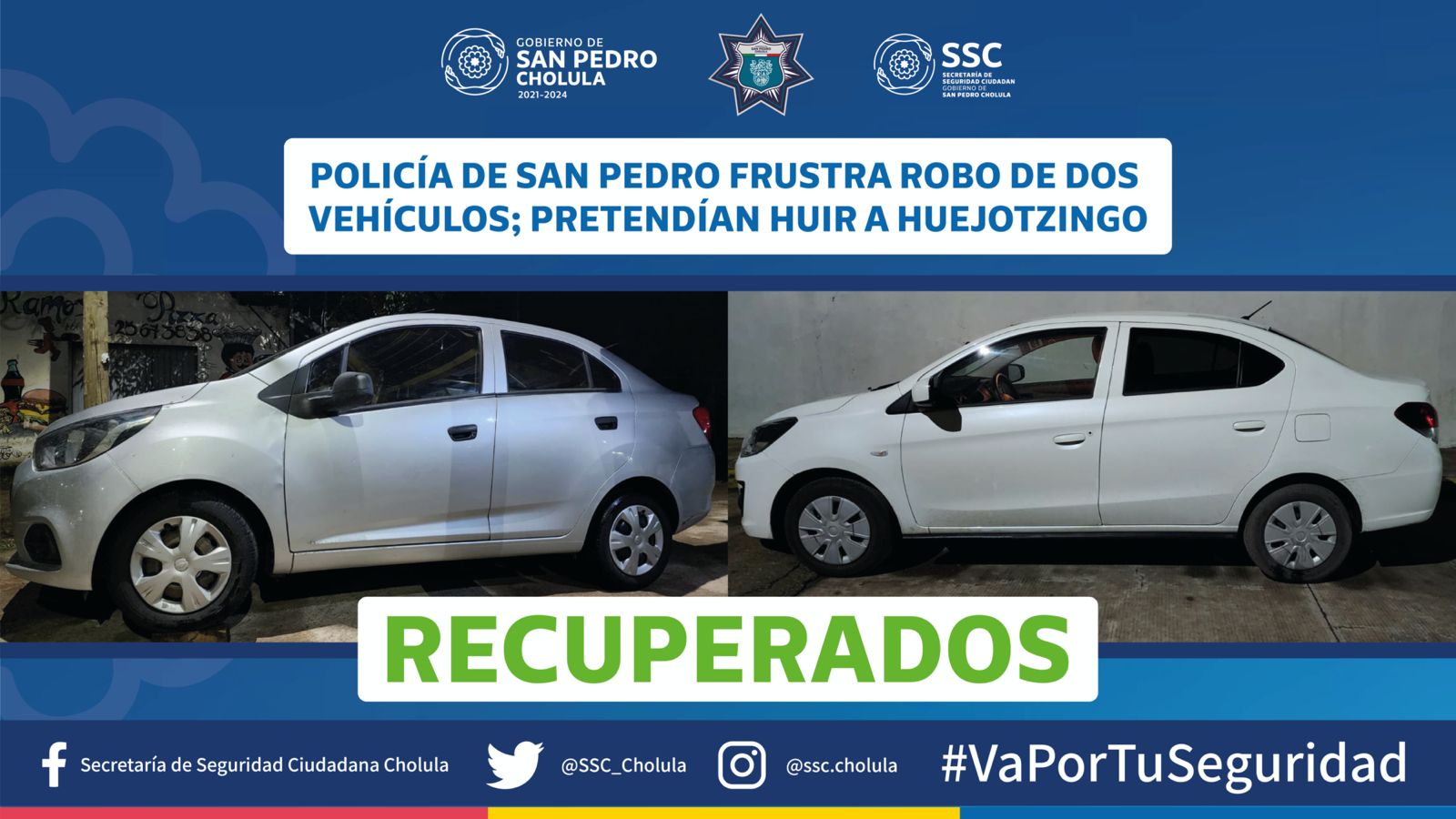 Policía de San Pedro Cholula frustra robo de dos vehículos; pretendían huir a Huejotzingo