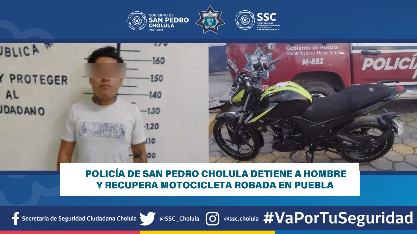 Policía de San Pedro Cholula detiene a hombre y recupera motocicleta robada