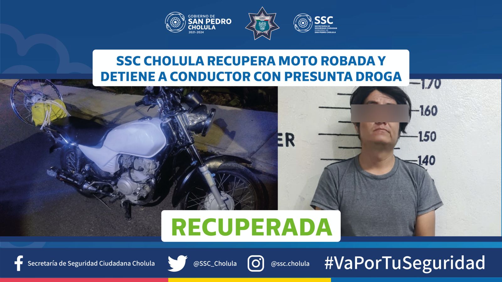 SCC Cholula recupera moto robada y detiene a conductor con presunta droga