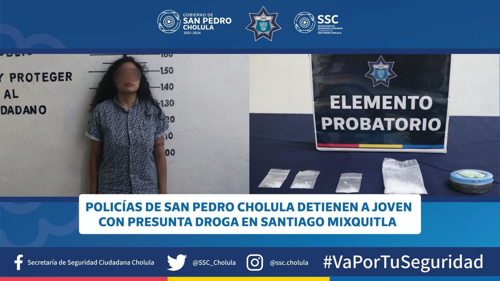 Policías de San Pedro Cholula detienen a joven con presunta droga en Santiago Mixquitla