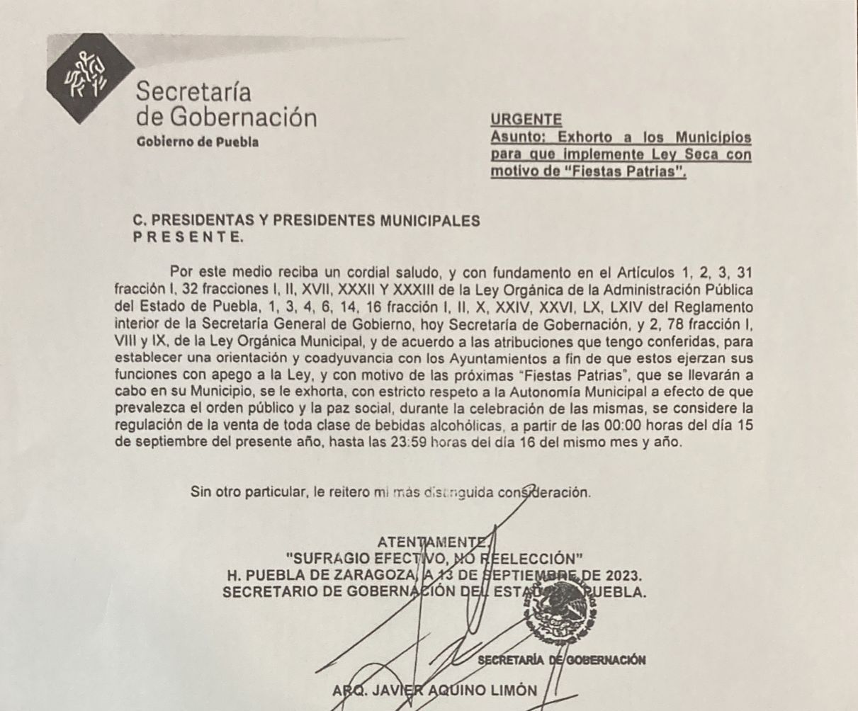 Emite SEGOB recomendación a municipios para aplicar Ley Seca