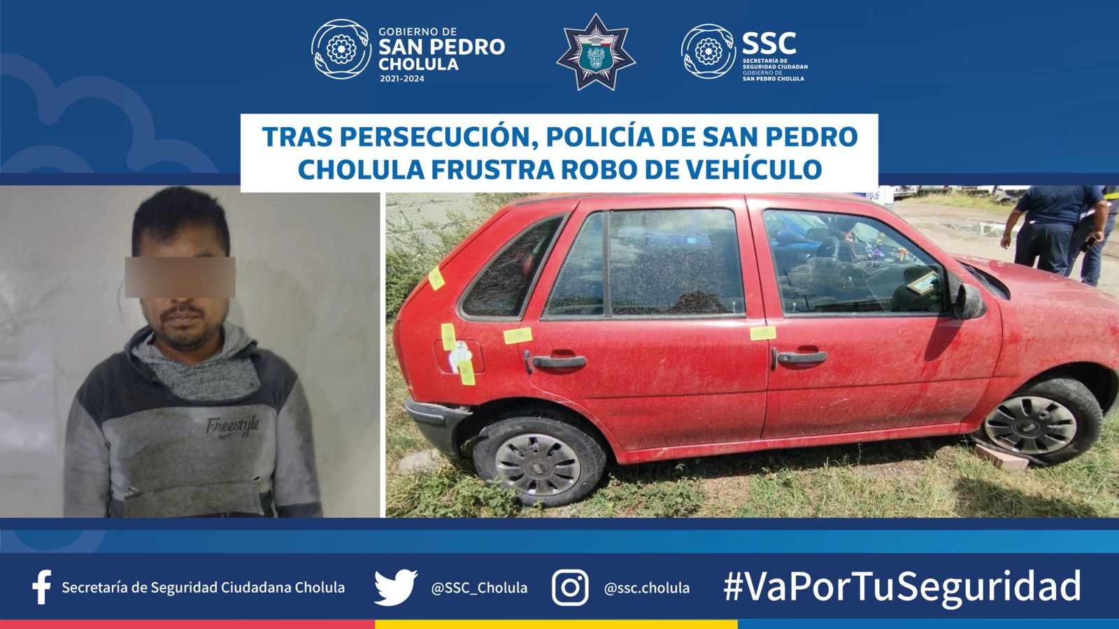 Tras persecución, policías de San Pedro Cholula frustran robo de vehículo
