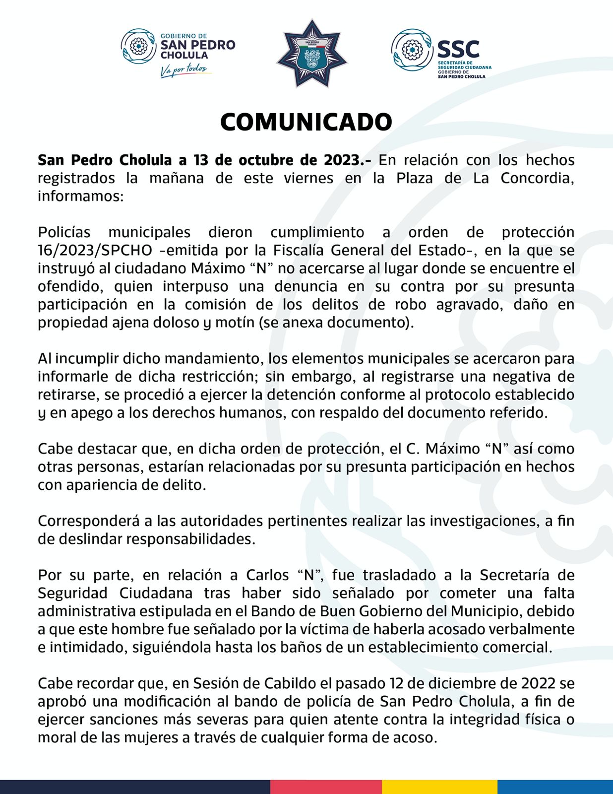 SSC de San Pedro Cholula explica detenciones