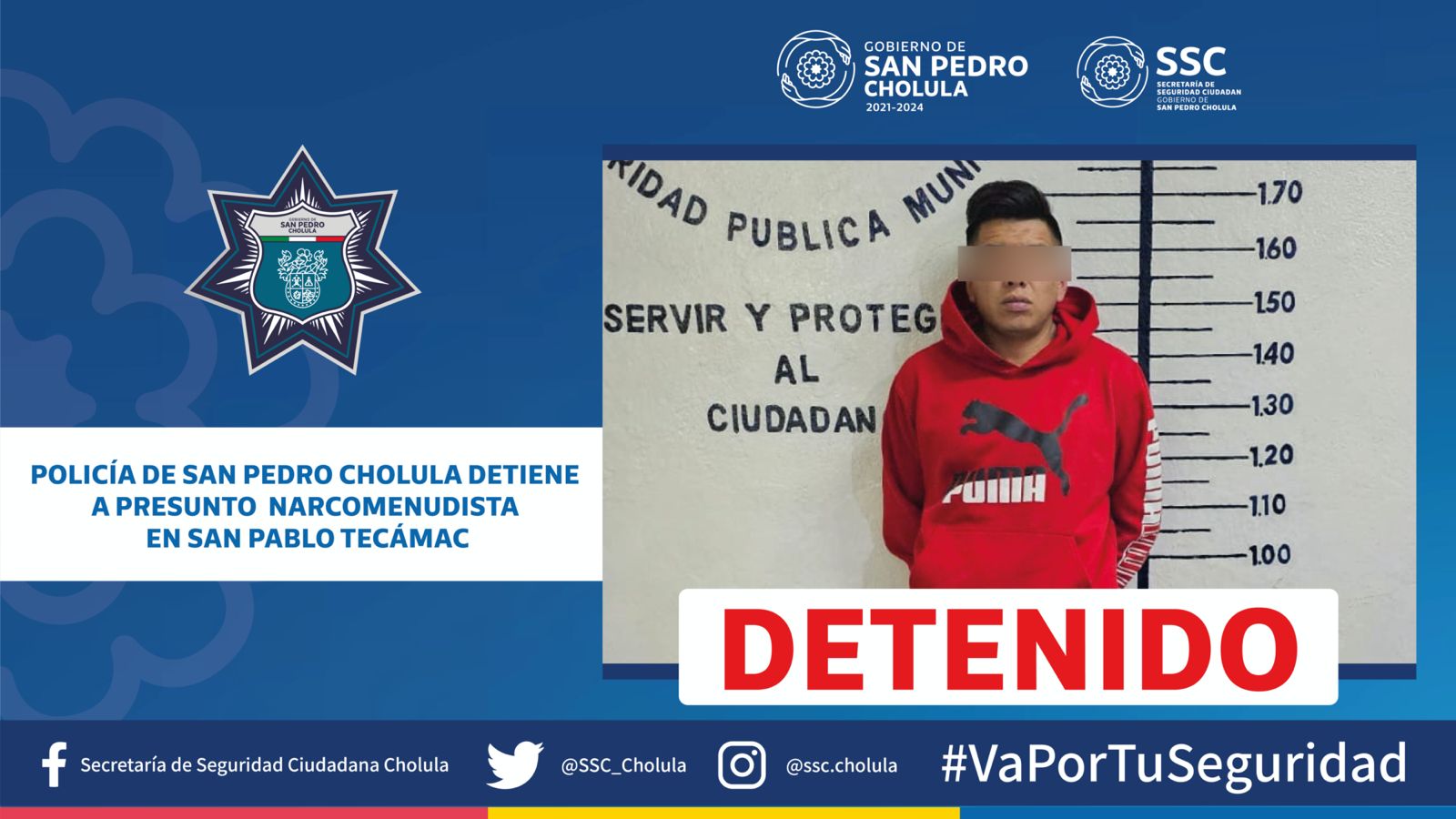 Policías de San Pedro Cholula detiene a presunto narcomenudista en San Pablo Tecámac