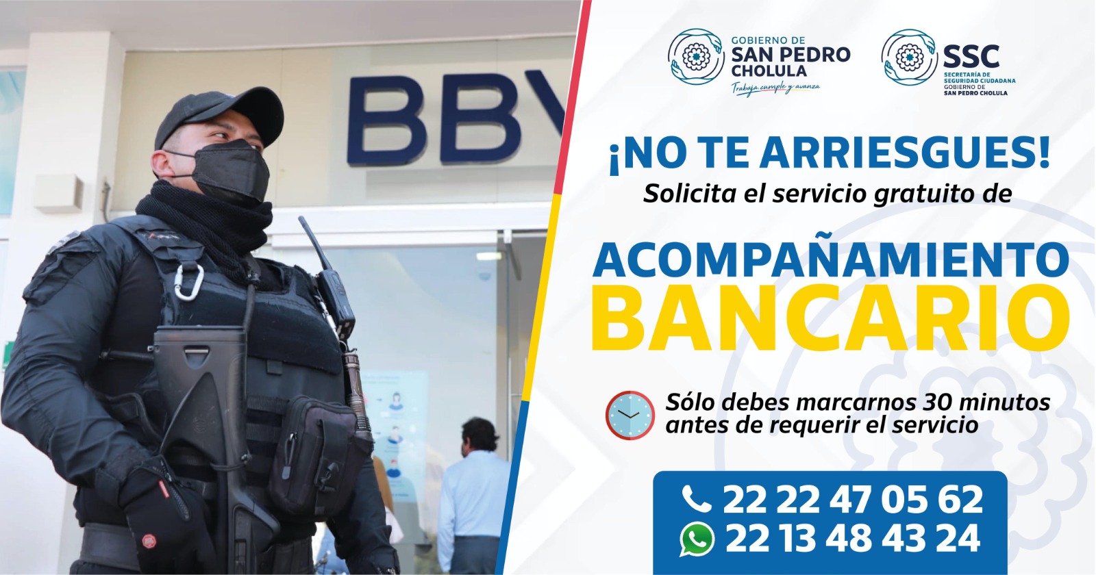 Policía de San Pedro Cholula refuerza acompañamiento bancario para evitar asaltos