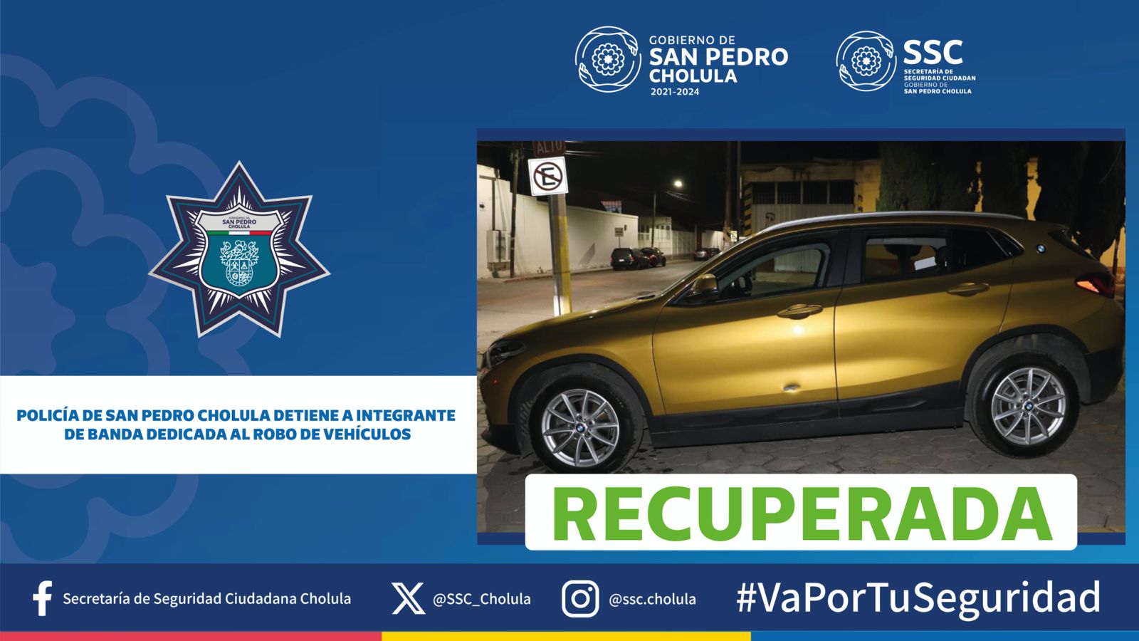 Policía de San Pedro Cholula detiene a integrante de banda dedicada al robo de vehículos