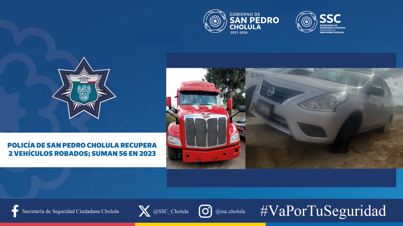 Policías de San Pedro Cholula recupera 2 vehículos robados; suman 56 en 2023