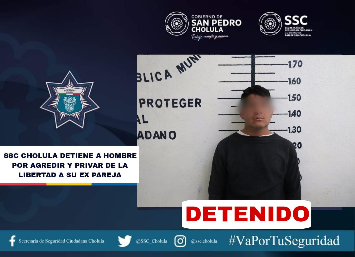 La SSC Cholula detiene a hombre por agredir  y privar de la libertad a su ex pareja