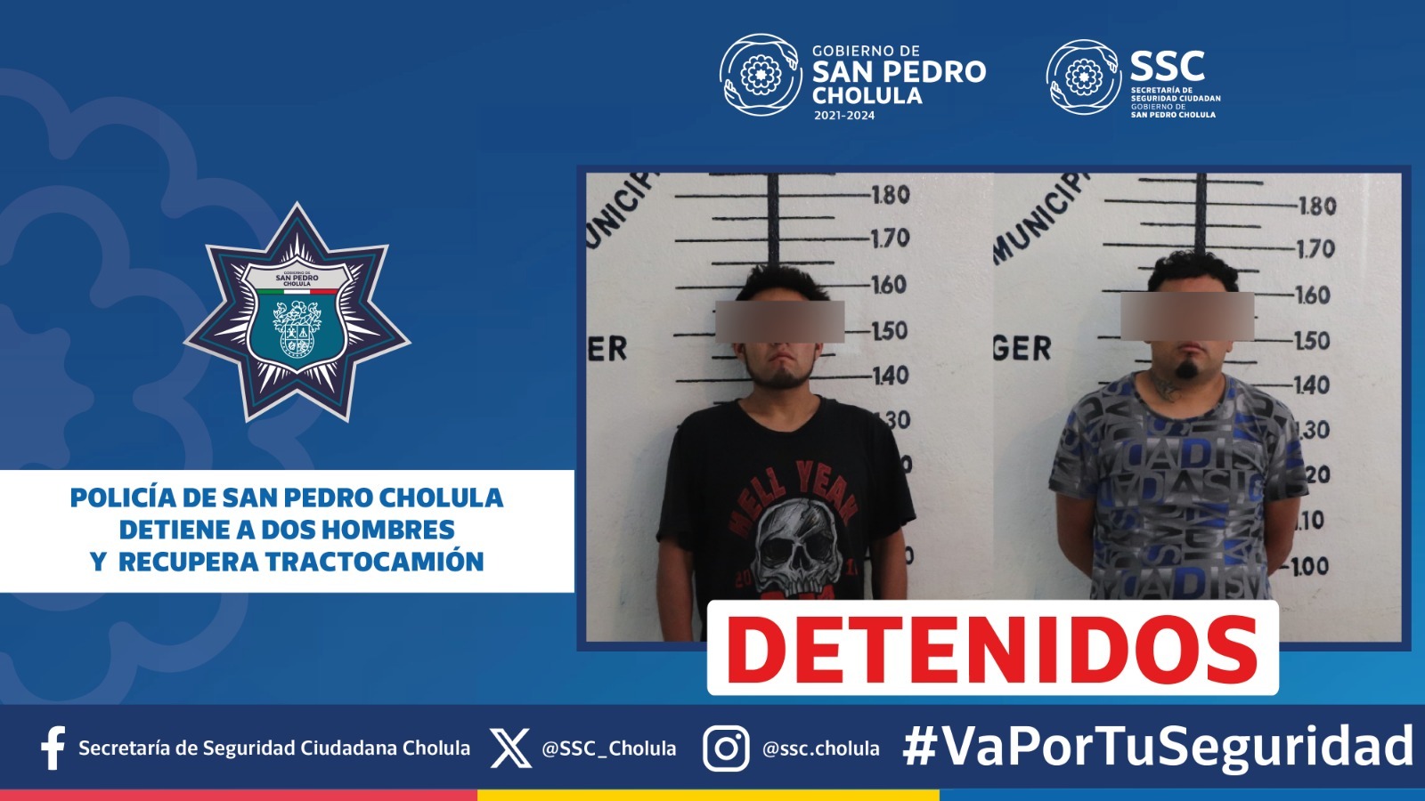 Policía de San Pedro Cholula detiene a dos hombres y recupera tractocamión robado en Xoxtla