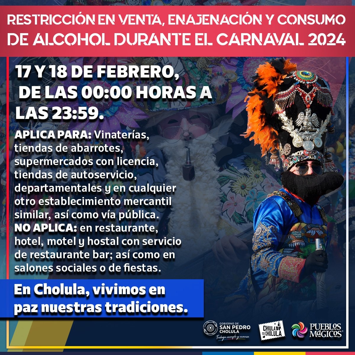 Anuncia San Pedro Cholula restricción en venta de bebidas alcohólicas, durante carnaval