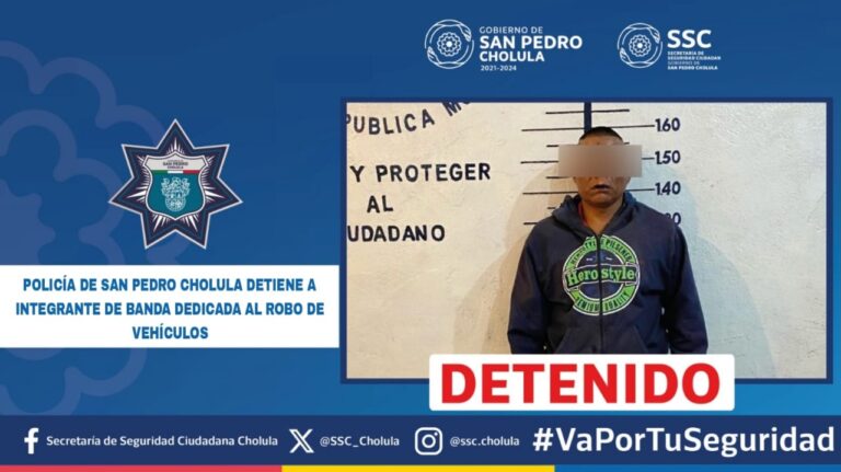 Policía de San Pedro Cholula detiene a integrante de banda dedicada al robó de vehículos