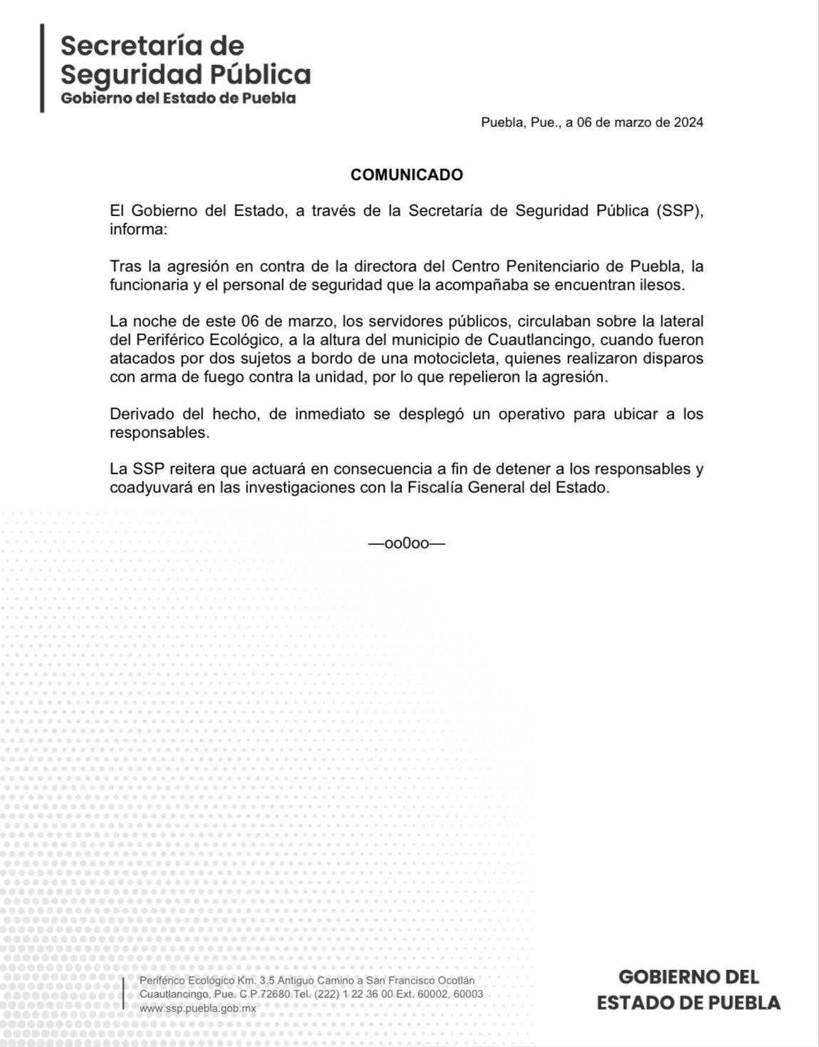 Tras la agresión en contra de la directora del centro penitenciario de Puebla el gobierno informa