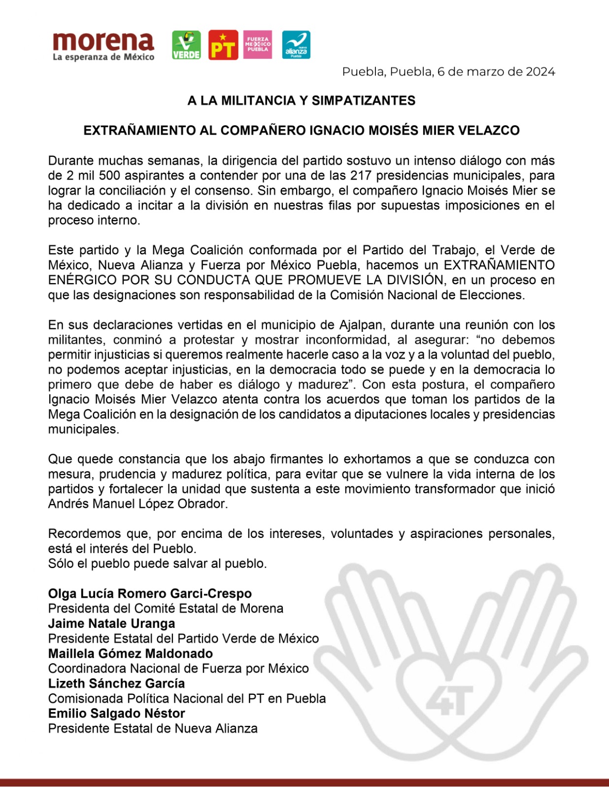 A la militancia y simpatizantes
