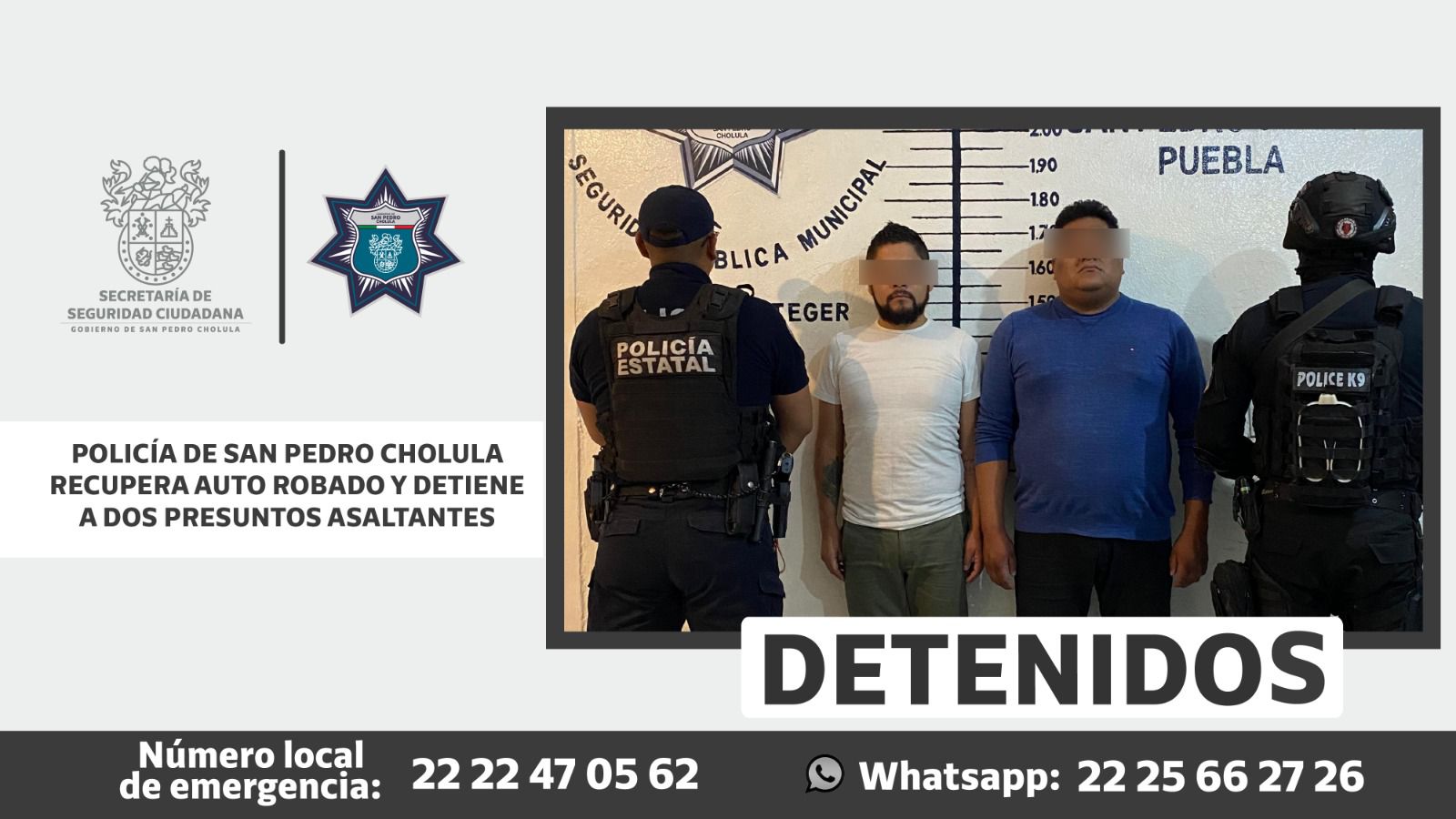 Policía de San Pedro Cholula recupera auto robado y detiene a dos presuntos asaltantes
