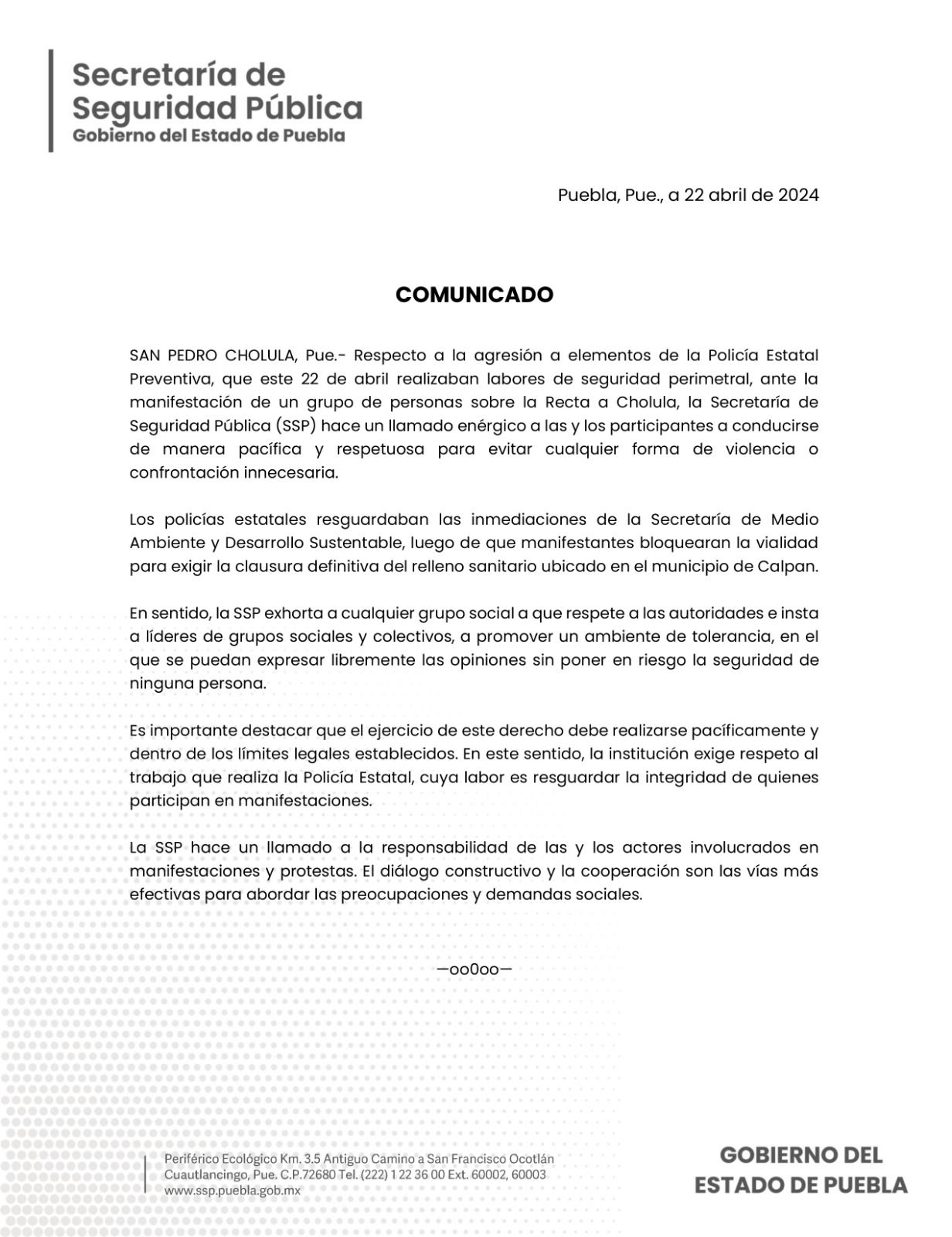La SSP hace un llamado enérgico a las y los participantes a conducirse de manera pacífica y respetuosa para evitar cualquier forma de violencia