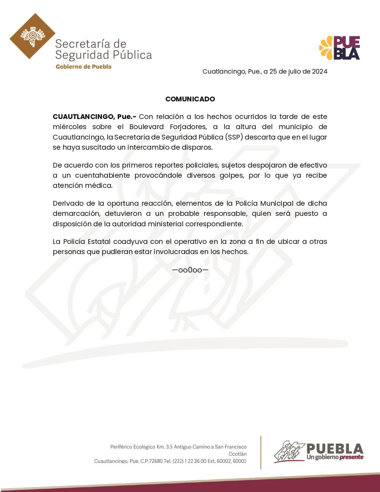 SSP informa sujetos despojaron de efectivo a un cuentahabiente provocándole diversos golpes