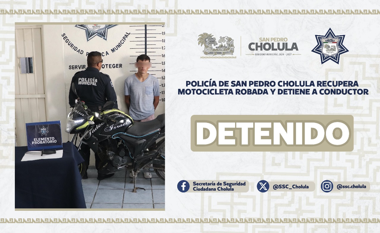 Policías de San Pedro Cholula recupera motocicleta robada y detiene a conductor