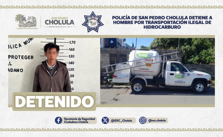 Policía de San Pedro Cholula detiene a hombre por transportación ilegal de hidrocarburos