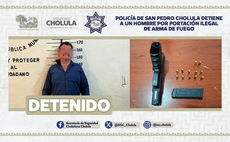 Policía de San Pedro Cholula detiene a un hombre por portación ilegal de arma de fuego