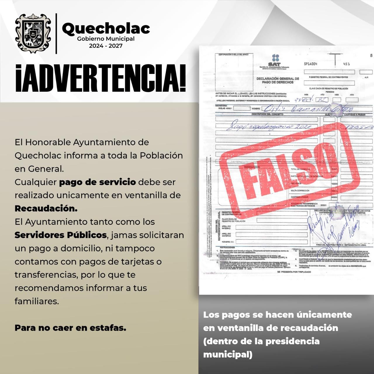 El Ayuntamiento de Quecholac advierte sobre estafas relacionadas con pagos municipales