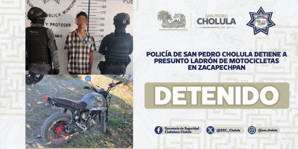 Policía de San Pedro Cholula detiene a presunto ladrón de motocicletas en Zacapechpan