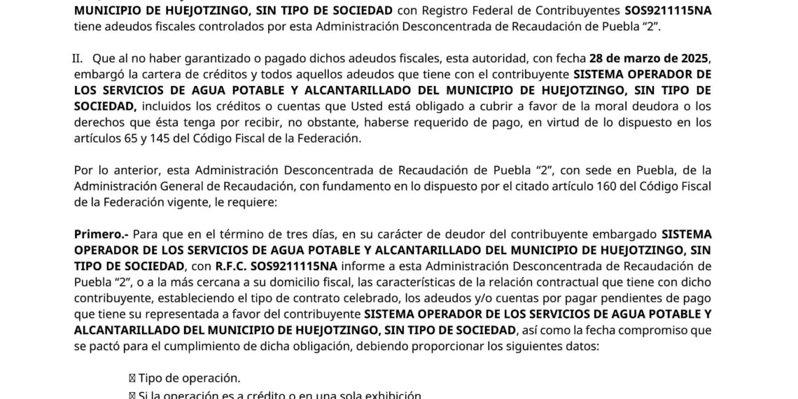 Gobierno de Huejotzingo informa sobre deuda fiscal heredada en el SOSAPAHUE