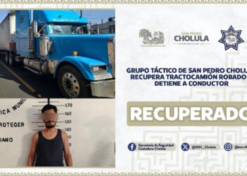 Tractocamión robado recuperado en San Pedro Cholula; detienen al conductor