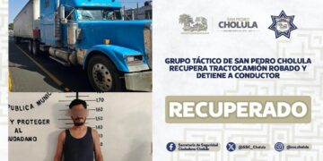 Tractocamión robado recuperado en San Pedro Cholula; detienen al conductor
