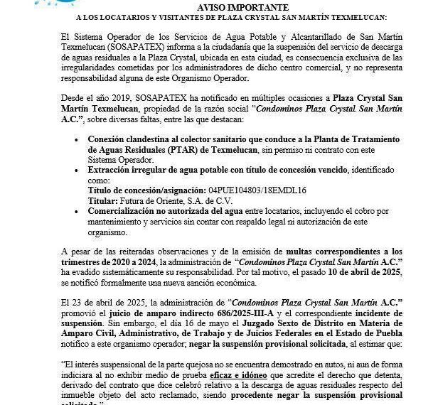 Plaza Crystal opera en la ilegalidad: SOSAPATEX revienta conexión clandestina y niegan amparo a administradores