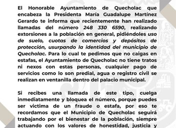 Alerta en Quecholac por llamadas de extorsión que suplantan al Ayuntamiento