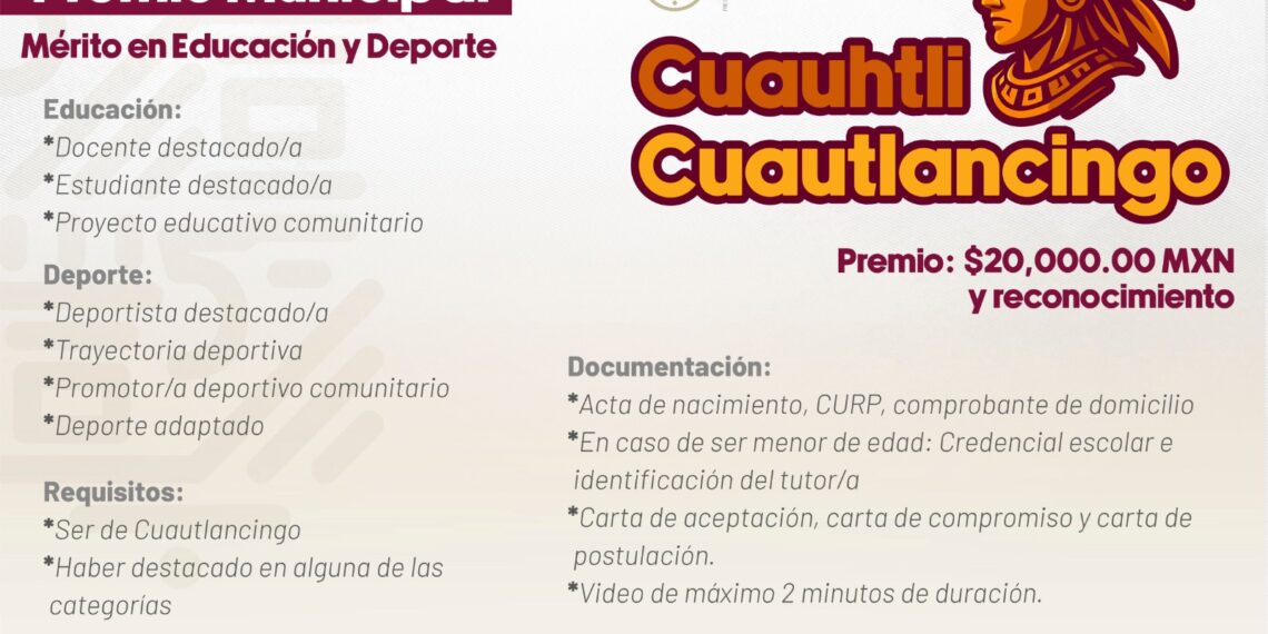 Gobierno municipal lanza convocatoria para obtener el “Premio Cuauhtli Cuautlancingo”